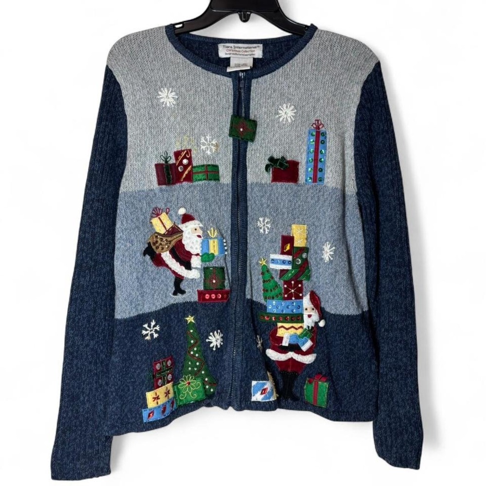 VTG Tiara Christmas‎ Cardigan Women XL Blue Grey Santa Sequin 90s Festive Zip Up